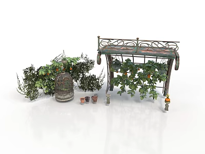 Wrought Iron Plant Stand With Vine Plants Wooden Barrel Planter Small Pots And Lantern Decorations 3d model