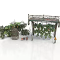 Wrought Iron Plant Stand With Vine Plants Wooden Barrel Planter Small Pots And Lantern Decorations