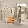 Modern Minimalist Clothing Store With White Racks Mannequins Green Plants And Bright Lighting