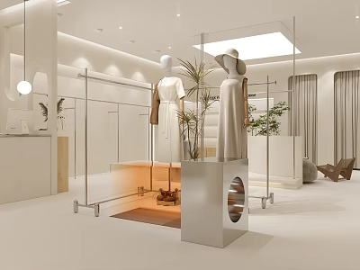 Modern Minimalist Clothing Store With White Racks Mannequins Green Plants And Bright Lighting 3d model
