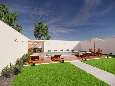 Courtyard Garden with Swimming Pool Wooden Deck Lounge Chairs Green Lawn and White Walls 3d model
