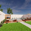 Courtyard Garden with Swimming Pool Wooden Deck Lounge Chairs Green Lawn and White Walls