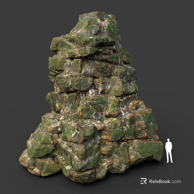 Wood Stone Stacked Structure With Moss Covered Surface As Landscape Decoration And Size Reference 3d model
