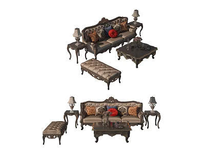 Ornate Classic Sofa and Coffee Table Set With Side Tables Table Lamps and Decorative Pillows 3d model