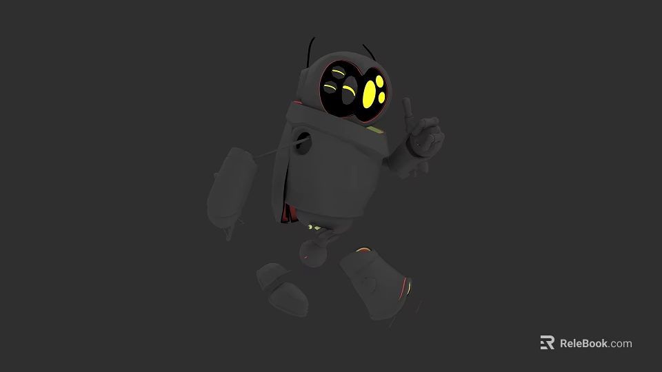 3D Gray Robot Character With Yellow Glowing Eyes Black Antenna And Mechanical Limbs 3d model 