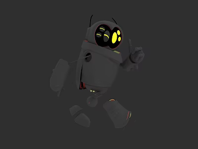 3D Gray Robot Character With Yellow Glowing Eyes Black Antenna And Mechanical Limbs 3d model