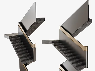 Modern Double Staircase Design With Dark Stone Steps And Gold Metal Handrail 3d model