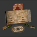 Traditional Arched Wooden Structure With Carved Design Small Table Bench Potted Plants And Rug