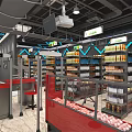 Supermarket Department Store Interior With Organized Shelves Displaying Assorted Food Beverages
