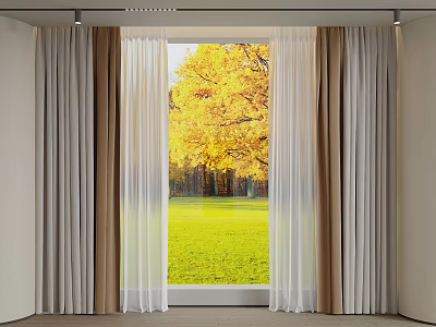 Layered Light Brown And Sheer Curtains Framing Window With Yellow Trees Green Lawn 3d model