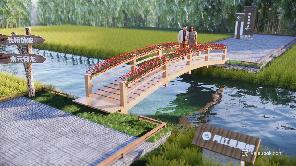 Wooden Landscape Bridge With Red Railings Over Water Amid Green Grass Trees And People Walking 3d model 