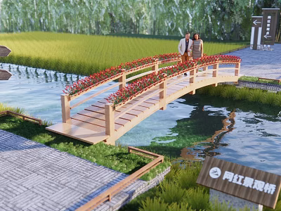 Wooden Landscape Bridge With Red Railings Over Water Amid Green Grass Trees And People Walking 3d model