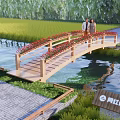 Wooden Landscape Bridge With Red Railings Over Water Amid Green Grass Trees And People Walking