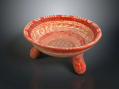 Traditional Red Ceramic Sculpture Carving With Three Legged Bowl And Intricate Patterns 3d model