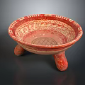 Traditional Red Ceramic Sculpture Carving With Three Legged Bowl And Intricate Patterns