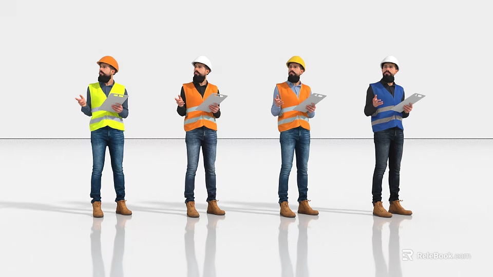 Men In Safety Helmets And Reflective Vests Holding Clipboards Standing Together 3d model 