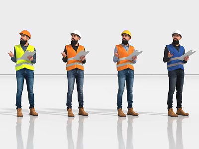 Men In Safety Helmets And Reflective Vests Holding Clipboards Standing Together 3d model
