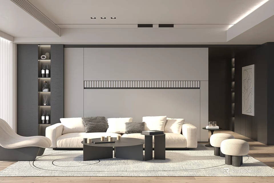 Modern Living Room Interior With White Sofa Black Coffee Table Rug And Display Shelves 3d model 