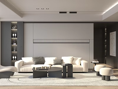 Modern Living Room Interior With White Sofa Black Coffee Table Rug And Display Shelves 3d model