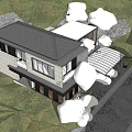 Modern Single-family House With Large Glass Windows Second-floor Balcony Planters Cars Surrounding Trees Sunset Sky