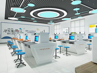 Modern Laboratory Interior With Computers Blue Stools White Equipment And Wall Posters 3d model