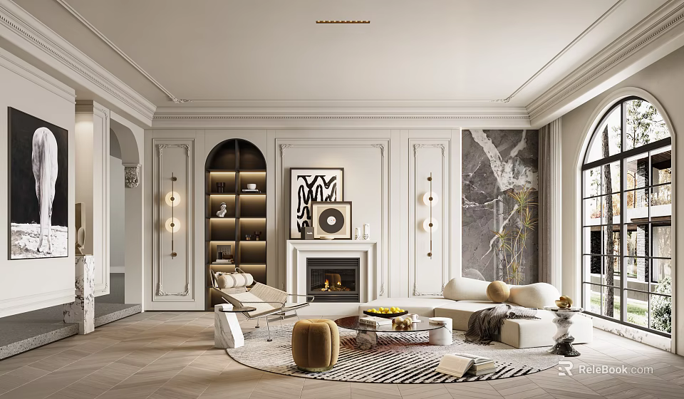 Elegant Living Room Interior With Arched Doorways Built In Shelves Fireplace And Modern Art Decor 3d model 