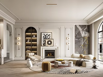 Elegant Living Room Interior With Arched Doorways Built In Shelves Fireplace And Modern Art Decor 3d model
