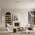 Elegant Living Room Interior With Arched Doorways Built In Shelves Fireplace And Modern Art Decor