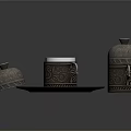 Decorative Coffee Cup With Patterns On Blue Plate And Lidded Containers In Black Background