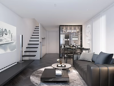 Modern Dining and Living Room Interior With Sofa Dining Table Staircase And Decorative Art 3d model