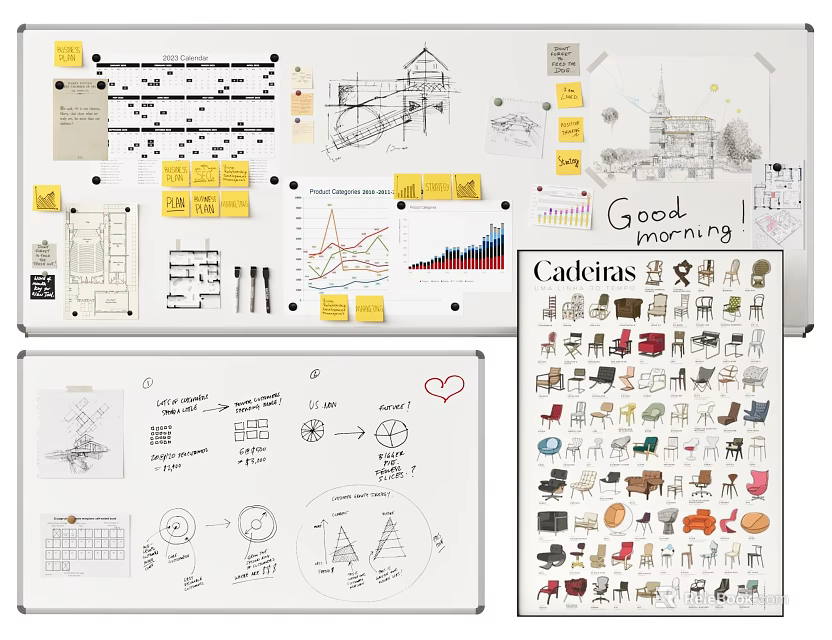 Creative Whiteboard With Design Sketches Charts Sticky Notes And Hand Drawn Elements 3d model 