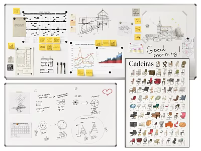 Creative Whiteboard With Design Sketches Charts Sticky Notes And Hand Drawn Elements 3d model