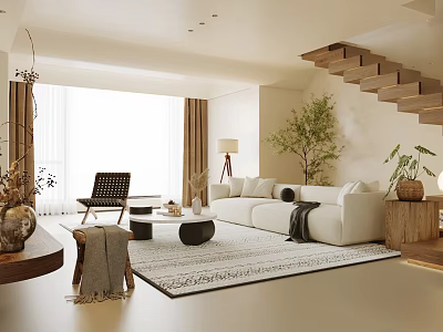 Modern Living Room Interior with White Sofa Black Armchair Coffee Table Rug and Plants 3d model