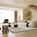 Modern Living Room Interior with White Sofa Black Armchair Coffee Table Rug and Plants