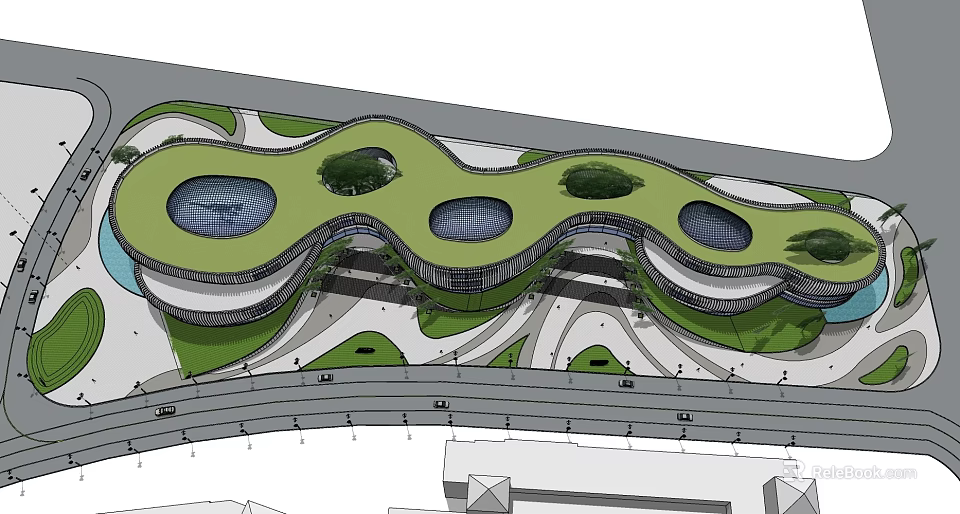 Modern Museum Building Design With Curved Green Roof And Circular Skylights 3d model 