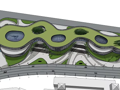 Modern Museum Building Design With Curved Green Roof And Circular Skylights 3d model