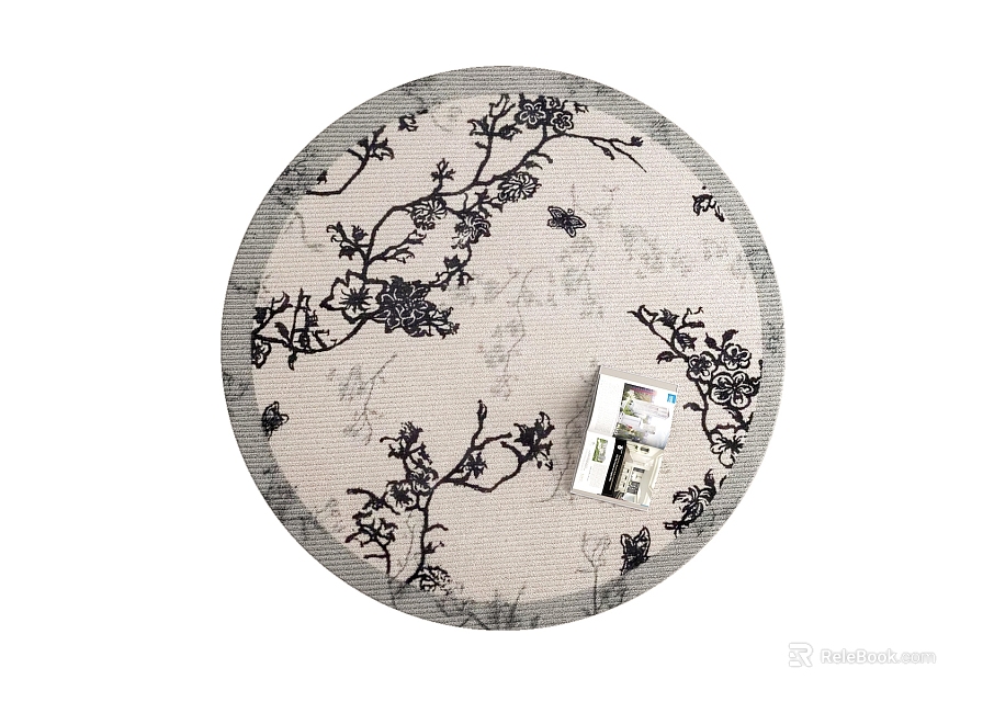 Round Rug with Black Floral Vine Pattern on Light Beige Background 3d model 