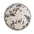 Round Rug with Black Floral Vine Pattern on Light Beige Background