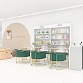Modern Minimalist Beauty Salon Interior White Walls Curved Decor Green Gold Chairs White Product Shelves