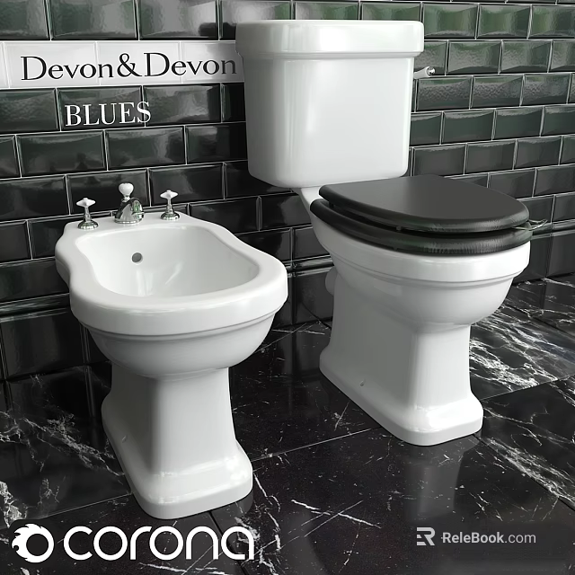 Modern Toilet And Bidet Design With Black Tiled Wall And Marble Floor 3d model 