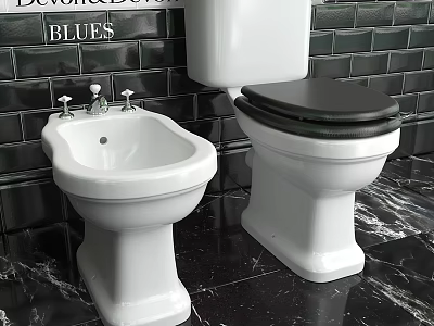 Modern Toilet And Bidet Design With Black Tiled Wall And Marble Floor 3d model