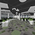 Spacious Public Office Space With Workstations Green Partitions Pendant Lights And Patterned Carpet 3d model