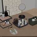 Stylish Perfume Cosmetics Vanity With Skincare Jars Storage Box Tray Mirror And Decorative Painting