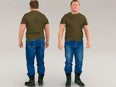 Man In Olive Green T Shirt Blue Jeans And Black Boots 3d model