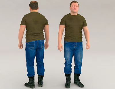 Man In Olive Green T Shirt Blue Jeans And Black Boots 3d model