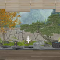 Tranquil Courtyard Garden With Stone Wall Pine Tree White Statue Moss And Wooden Floor