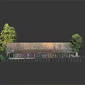 Cartoon Scene Featuring Textured Brick Wall Green Trees Wooden Roof And Small Platform