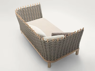 Two Seater Sofa with Woven Rattan and Wooden Legs Beige Cushions for Modern Living Room 3d model