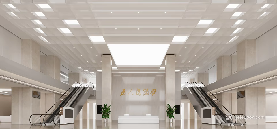 Modern Shopping Mall Reception Desk With Escalators Green Plants And Marble Wall 3d model 