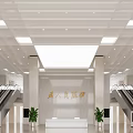 Modern Shopping Mall Reception Desk With Escalators Green Plants And Marble Wall